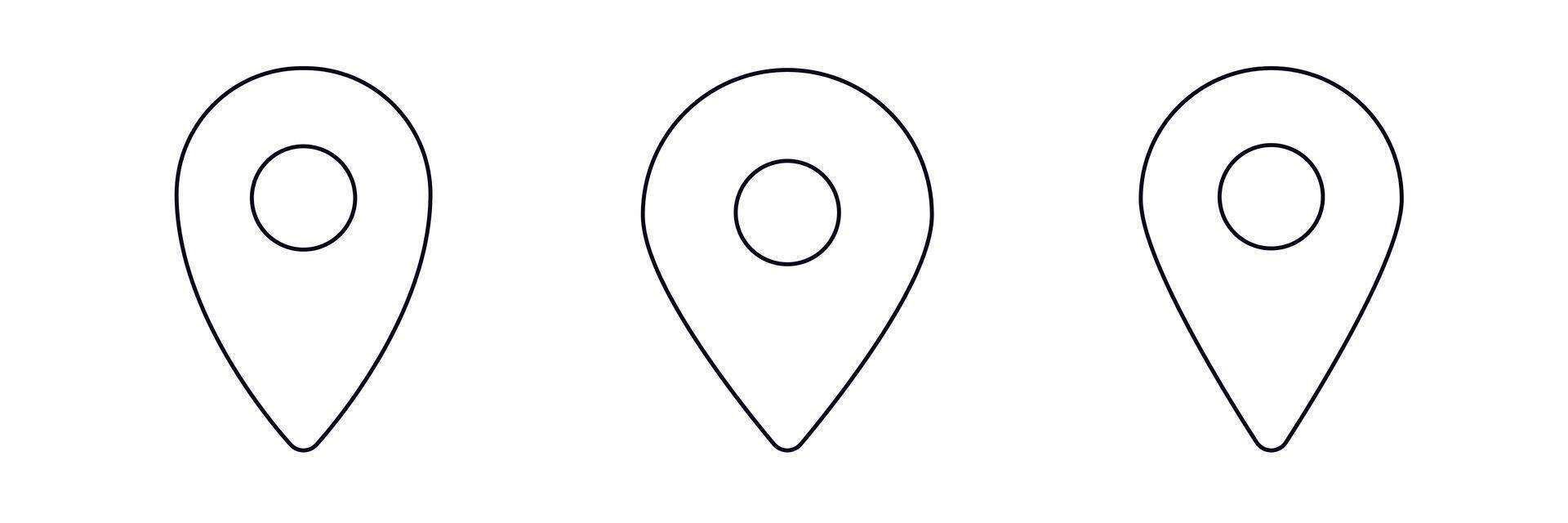 Three simple location pin icons aligned horizontally in a minimalist design style vector
