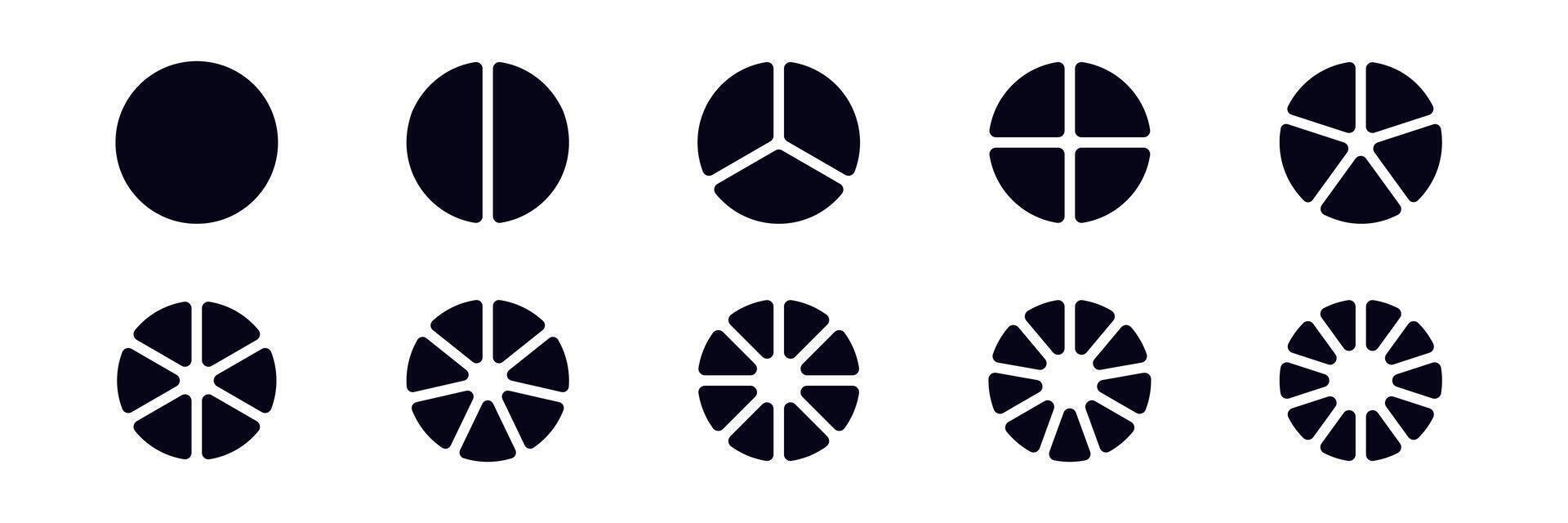 Circular chart icons with divided segments in varied styles and configurations vector