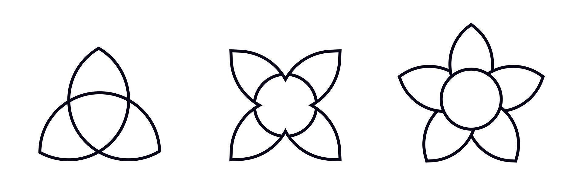 Three geometric shapes with curved lines and intersecting patterns in black outline vector