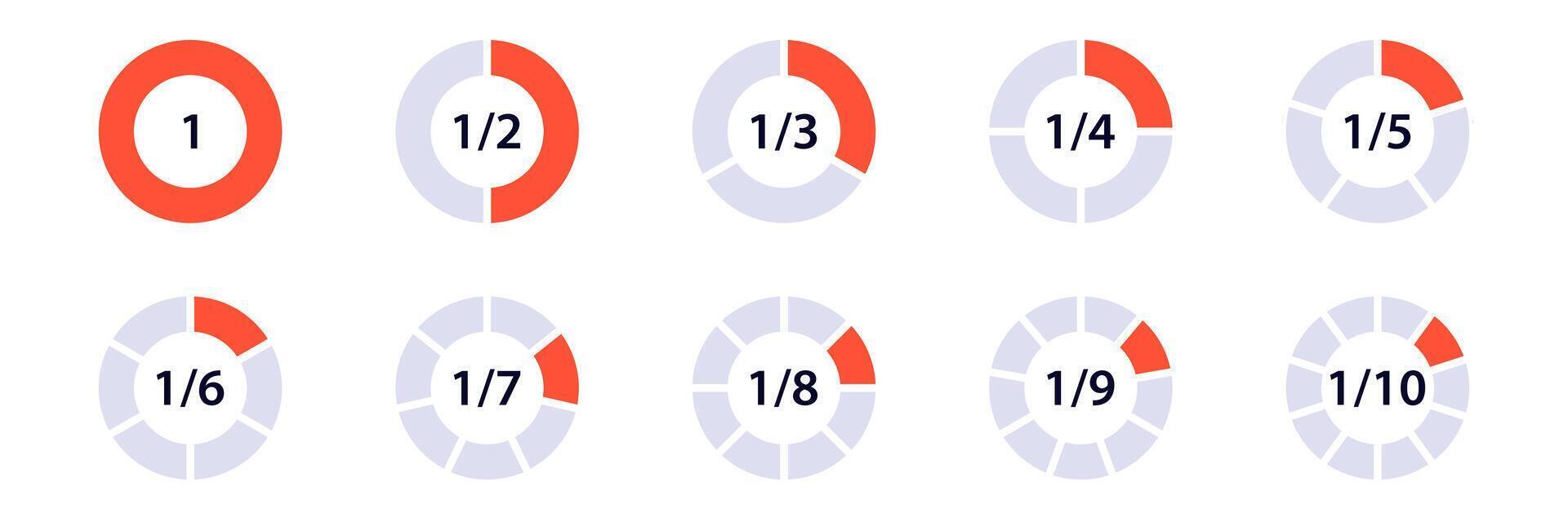Fraction segment diagrams showing divided parts of a whole from one half to one tenth vector