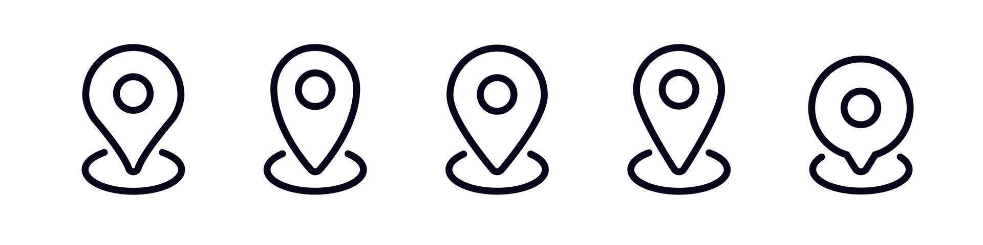 Five simple location markers aligned in a row for maps or navigation icon design vector