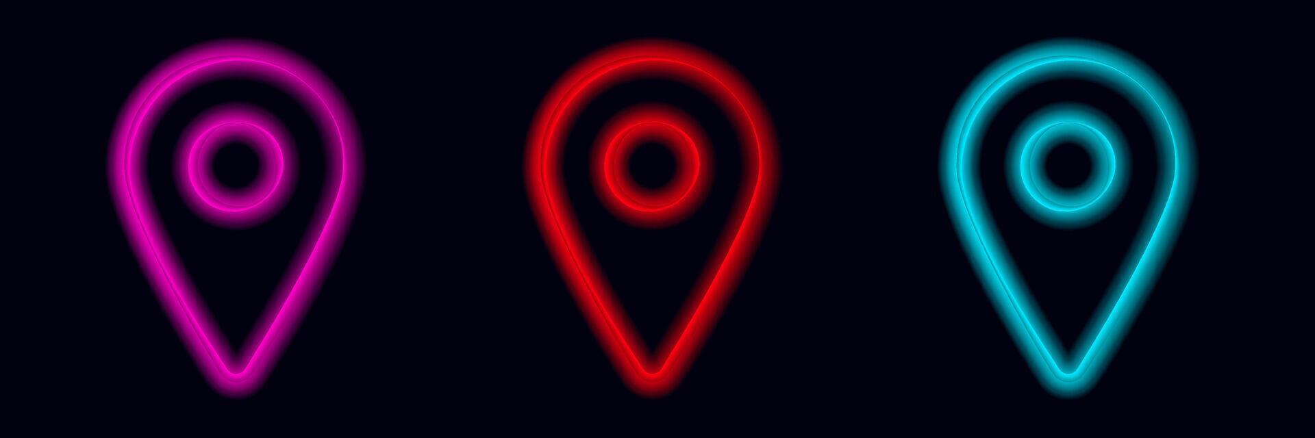 Glowing neon map markers in bright purple red and blue illuminating the dark evening sky vector