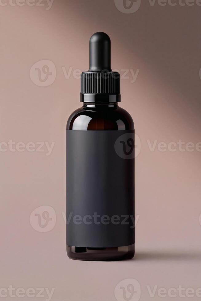 Elegant dropper bottle mockup with blank label on minimalist background photo