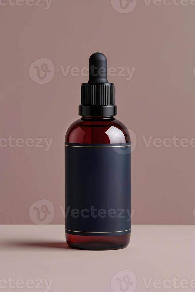 Amber dropper bottle mockup with blank label on minimalist background photo