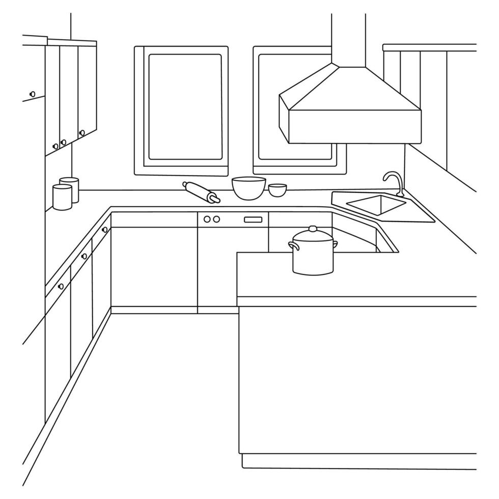 outline sketch Modern Kitchen Design vector