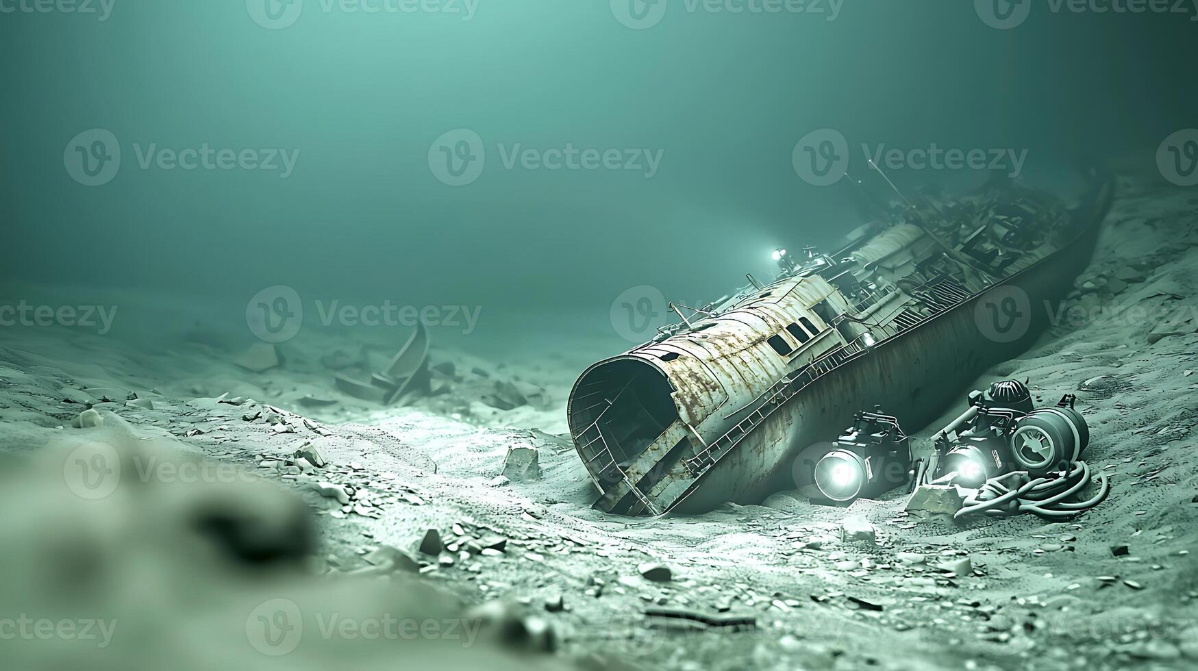 Abandoned shipwreck resting on the ocean floor, illuminated by submersible lights, with marine life in the background photo