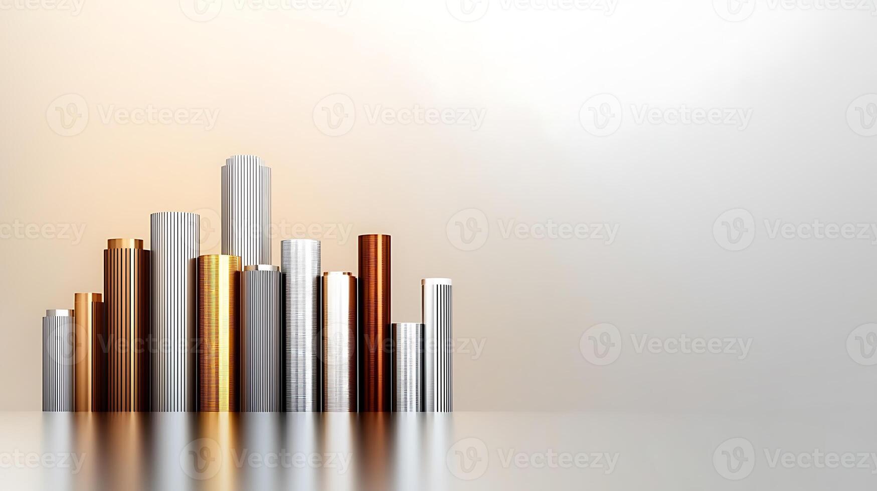 Abstract city skyline with metallic buildings reflecting light against a soft gradient background photo