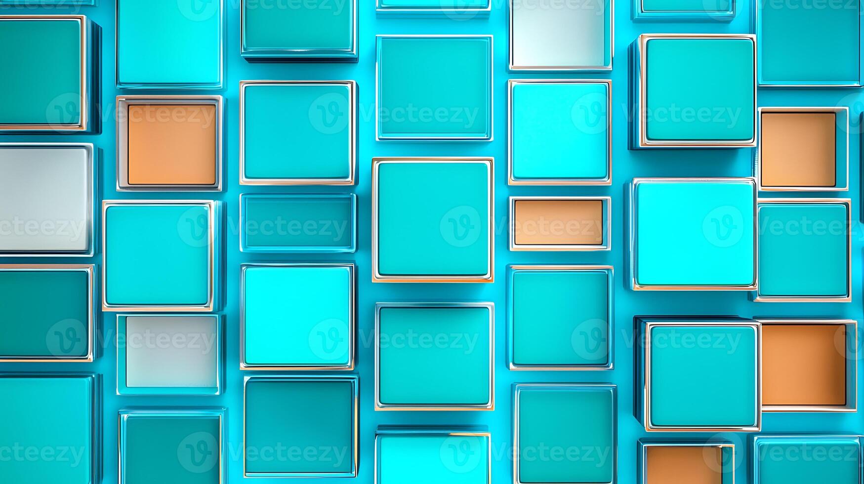 Abstract arrangement of turquoise and orange geometric boxes on a vibrant blue background photo