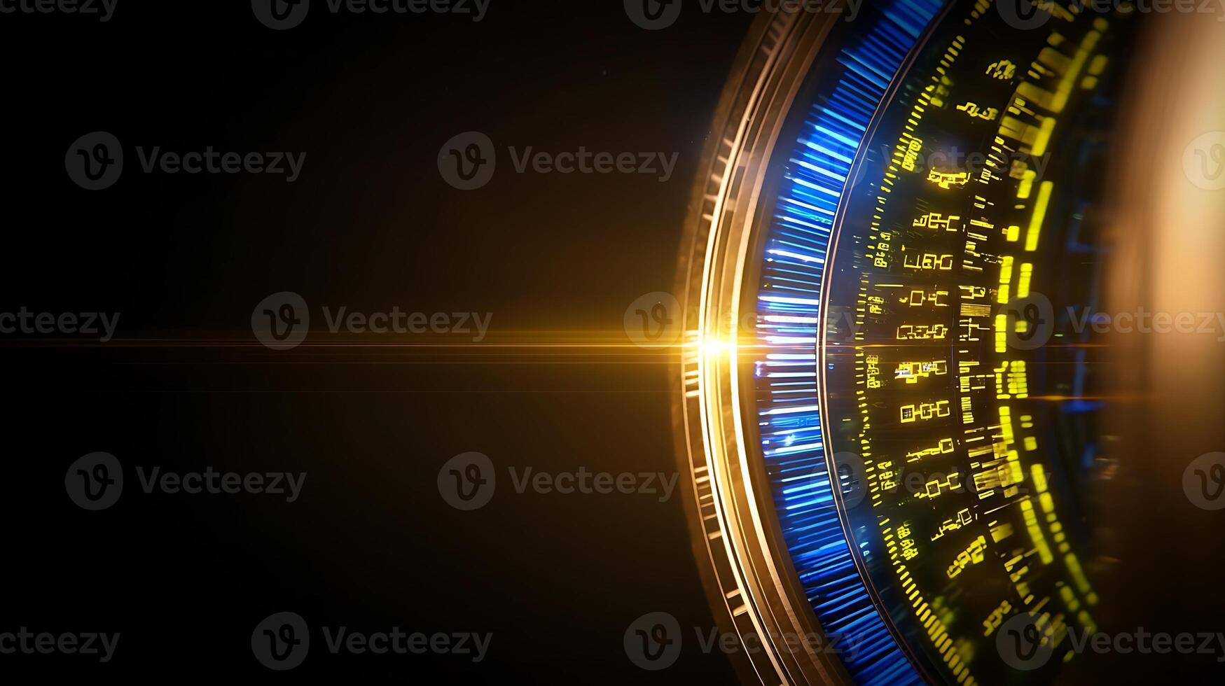 Abstract close-up of a futuristic digital display with glowing elements and a lens flare effect photo