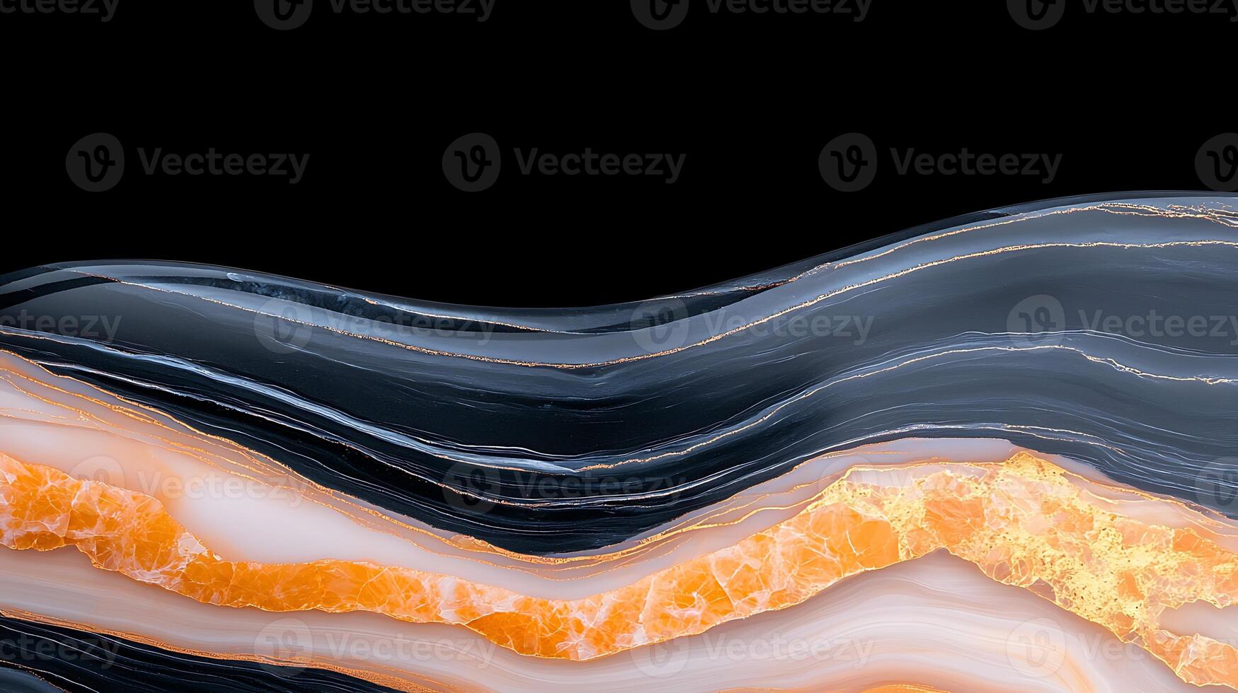 Abstract close-up of layered agate stone with vibrant orange and black patterns on a dark background photo