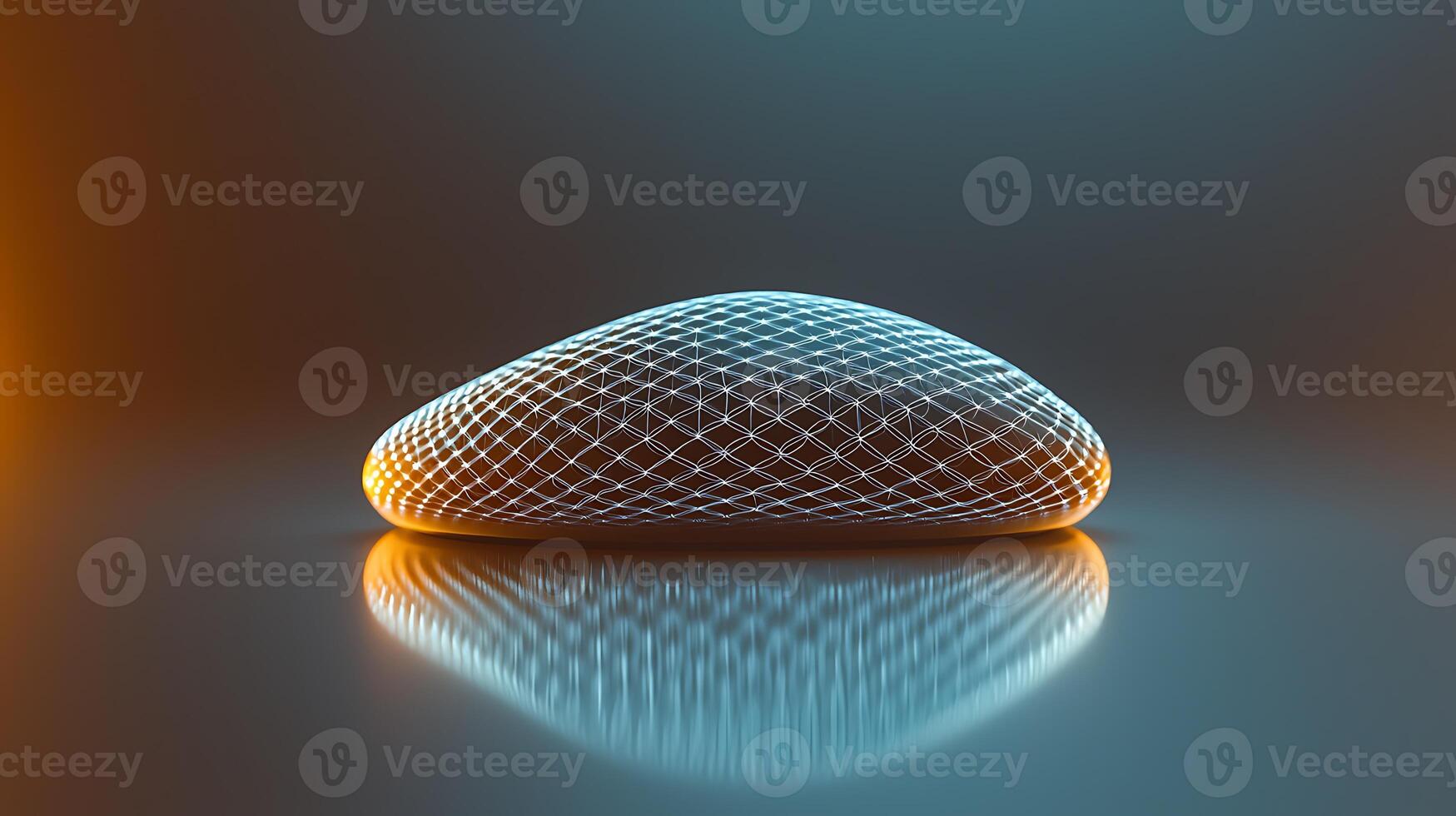 Abstract 3D shape with glowing edges, reflecting light on a smooth surface in a minimalist setting photo