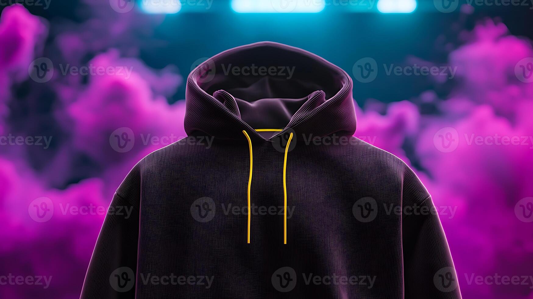 A vibrant purple hoodie displayed against a smoky background with blue lighting effects photo