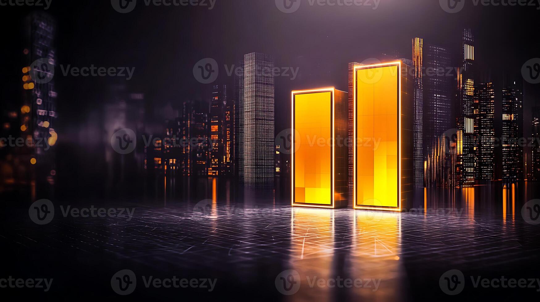 Abstract city skyline with glowing orange bars representing growth amidst a futuristic backdrop photo