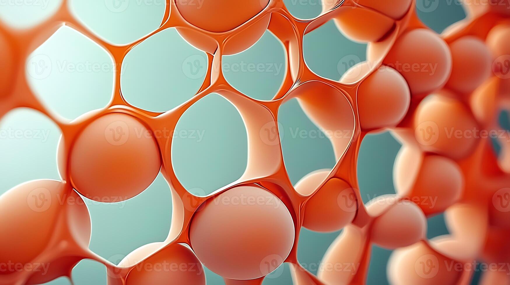 Abstract close-up of interconnected orange spheres and bubbles against a soft gradient background photo