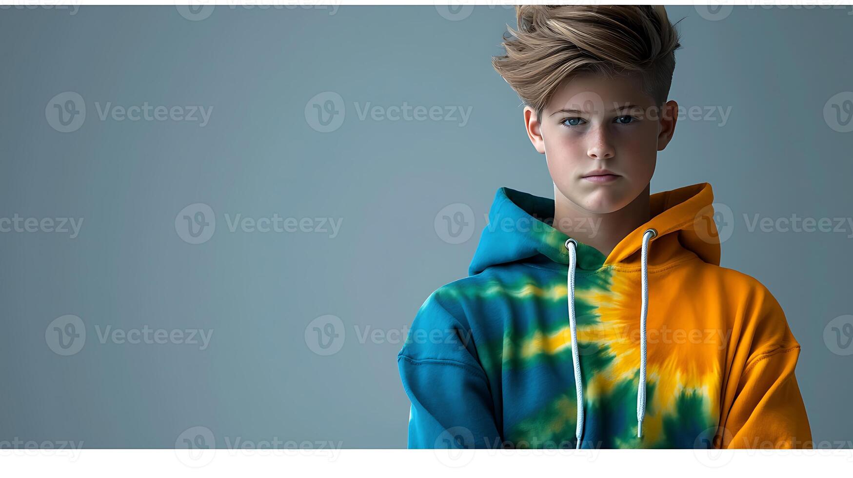 A young model poses with a serious expression in a colorful tie-dye hoodie against a plain backdrop photo