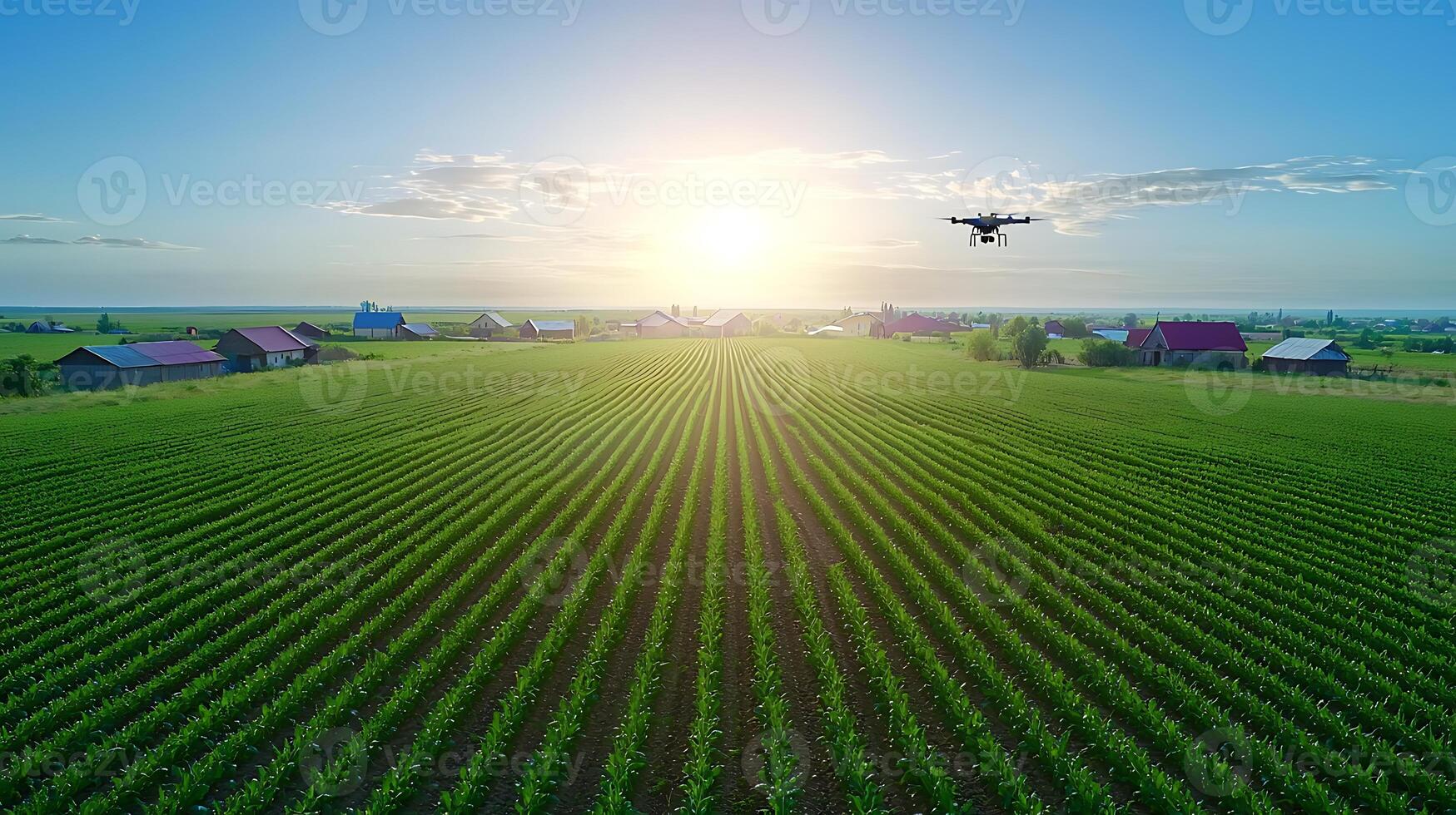 Aerial view of a drone flying over lush green farmland at sunrise with distant houses photo