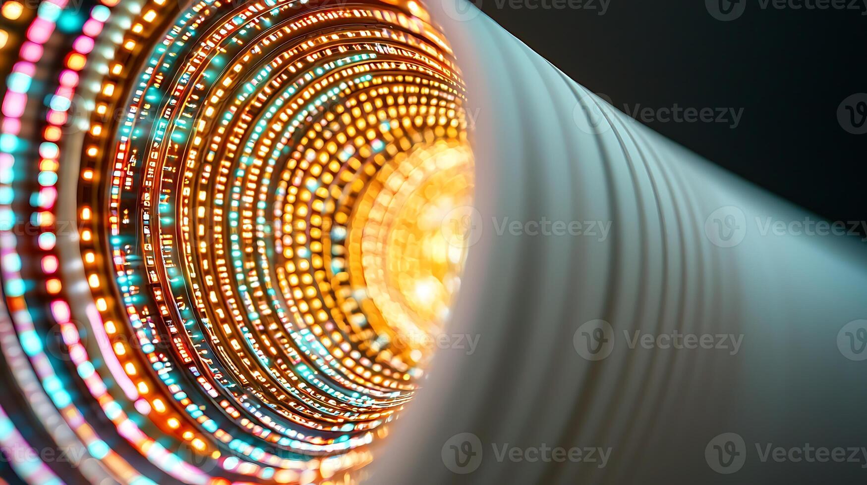 Abstract view of a glowing tunnel made of colorful lights, showcasing vibrant patterns and depth photo