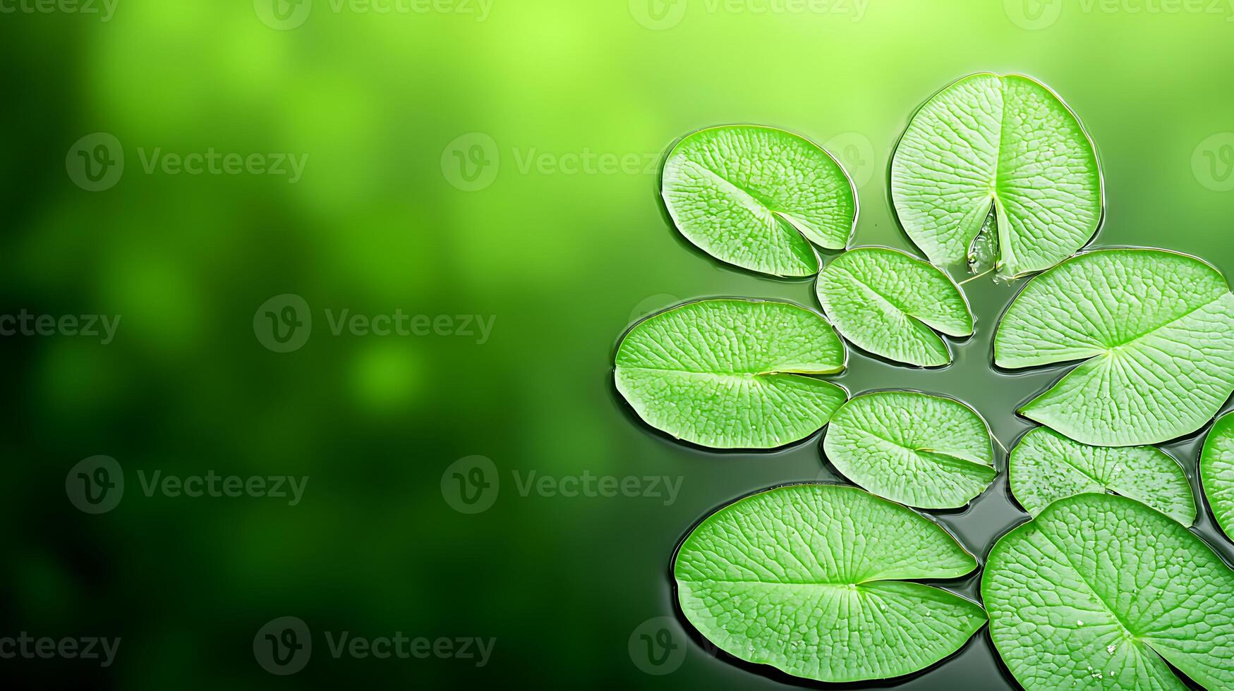 Lush green lily pads floating serenely on a tranquil pond with soft blurred background photo