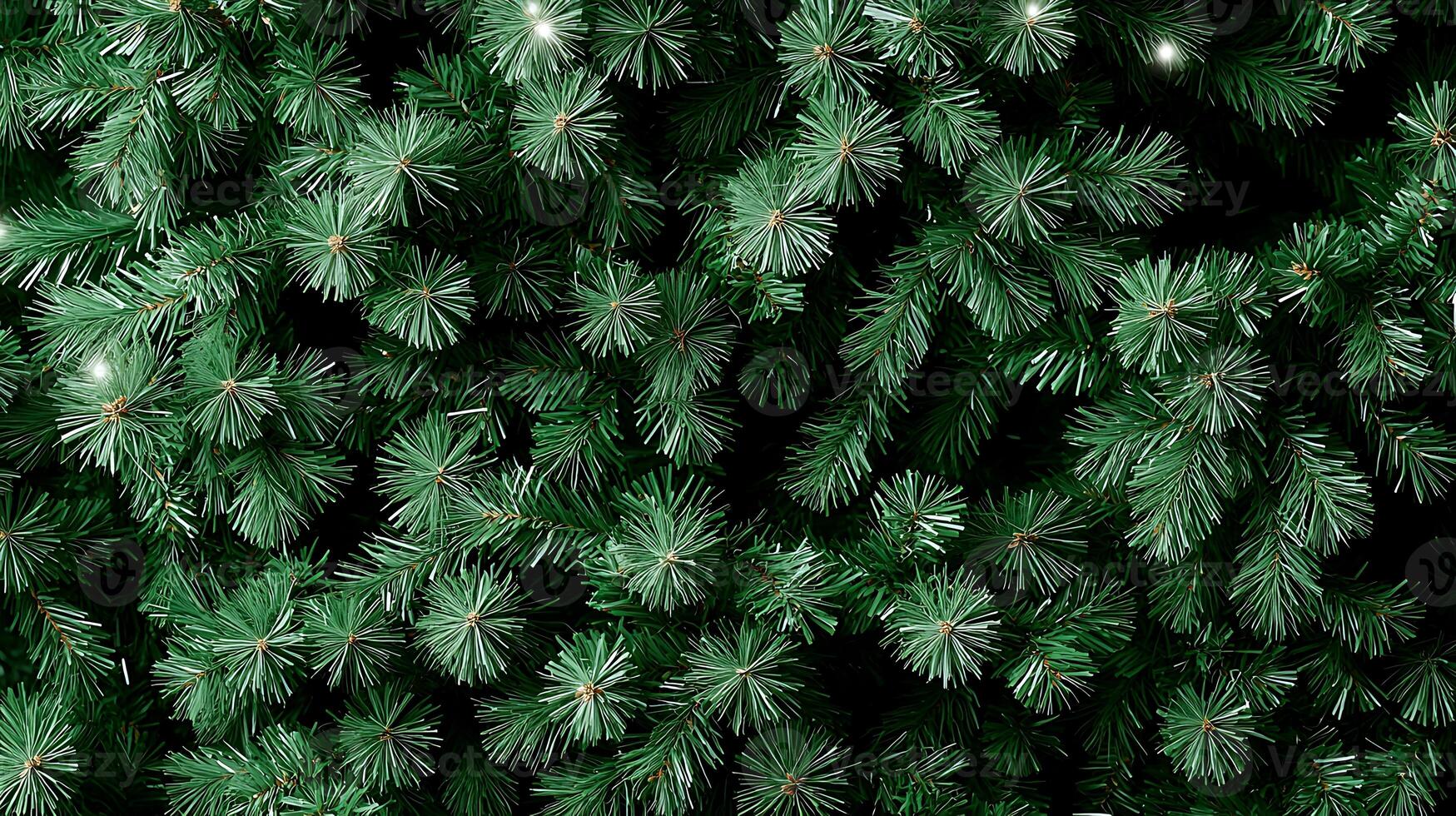 Lush green pine branches adorned with soft white lights create a festive atmosphere in winter photo