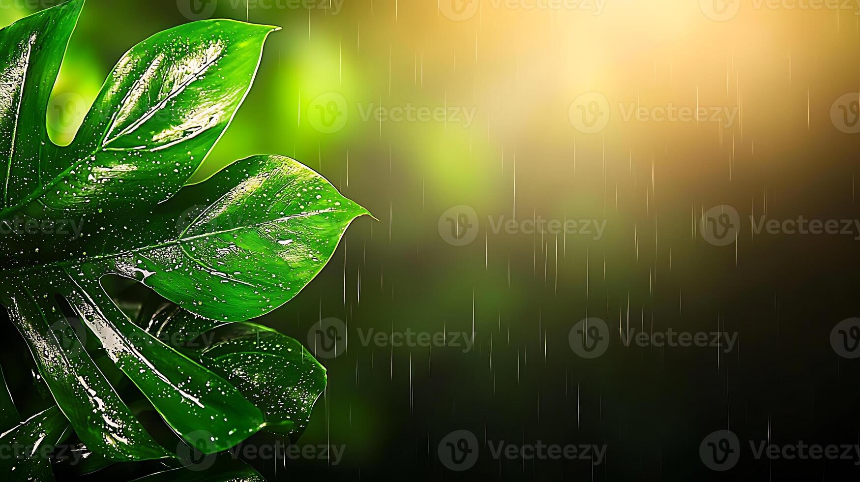 Lush green leaves glistening with raindrops in a serene, softly lit natural setting photo