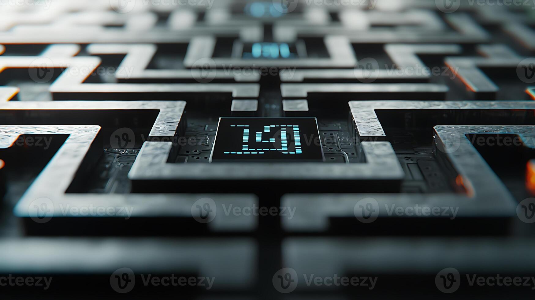 Intricate maze design with glowing pathways and digital elements, showcasing technology in a futuristic setting photo