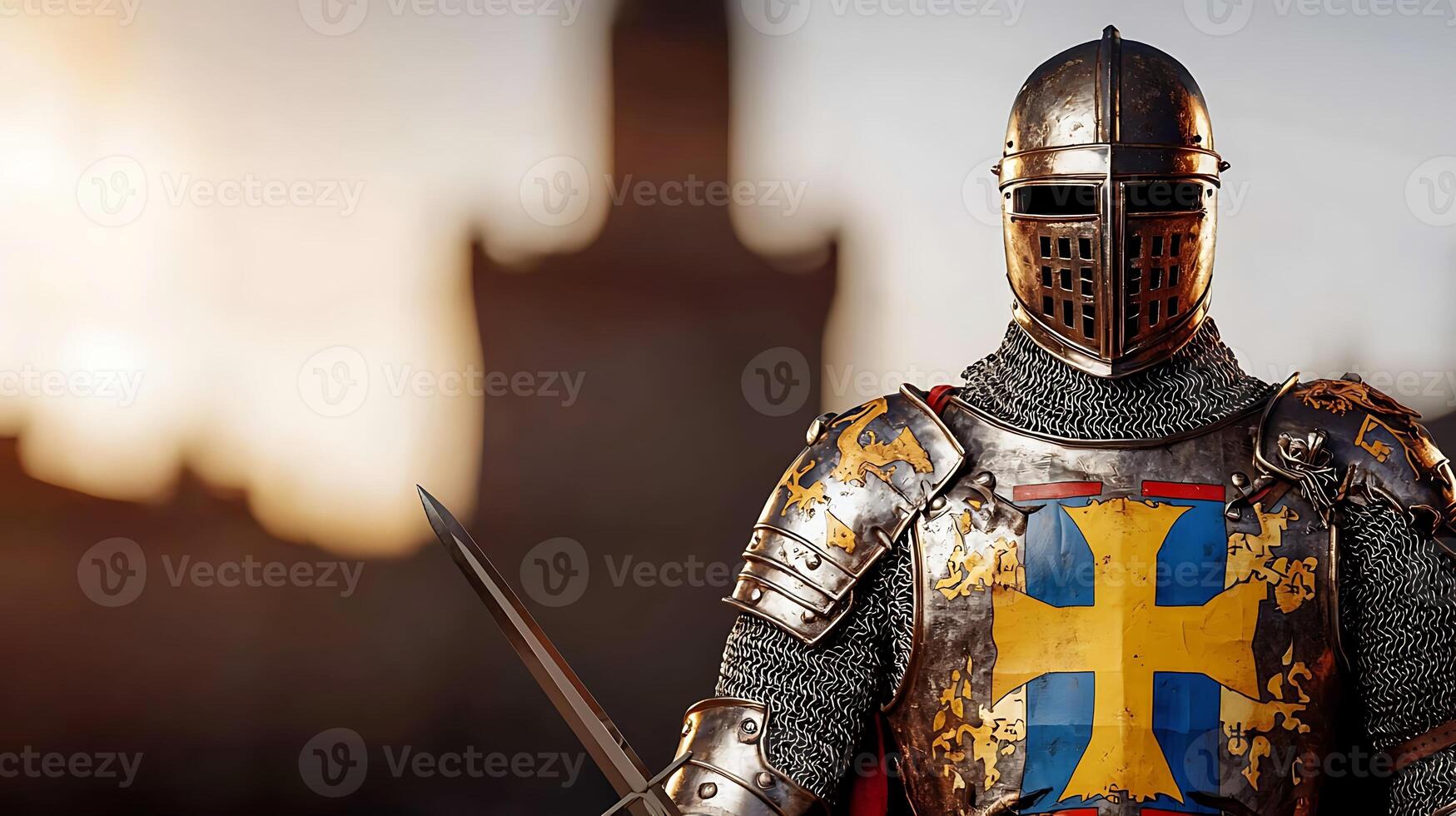 Knight in shining armor stands proudly with a sword against a blurred medieval castle backdrop photo