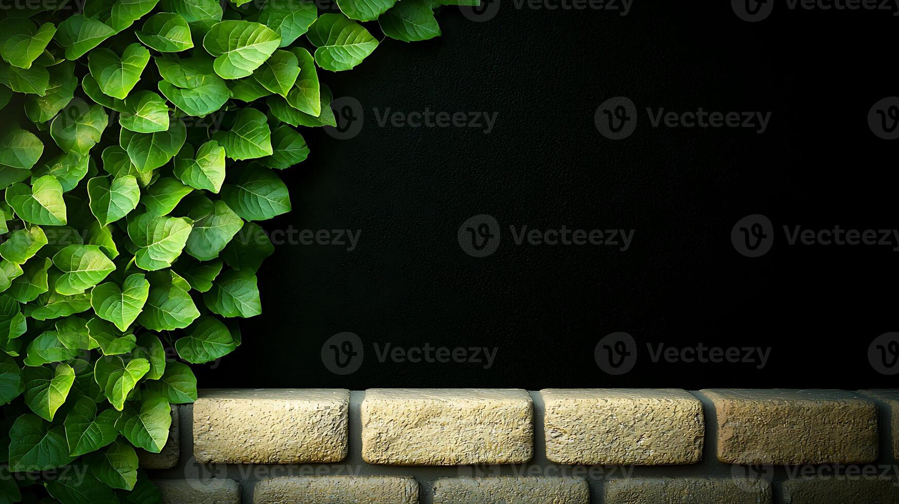 Lush green leaves cascading over a textured stone wall against a dark background, ideal for nature themes photo