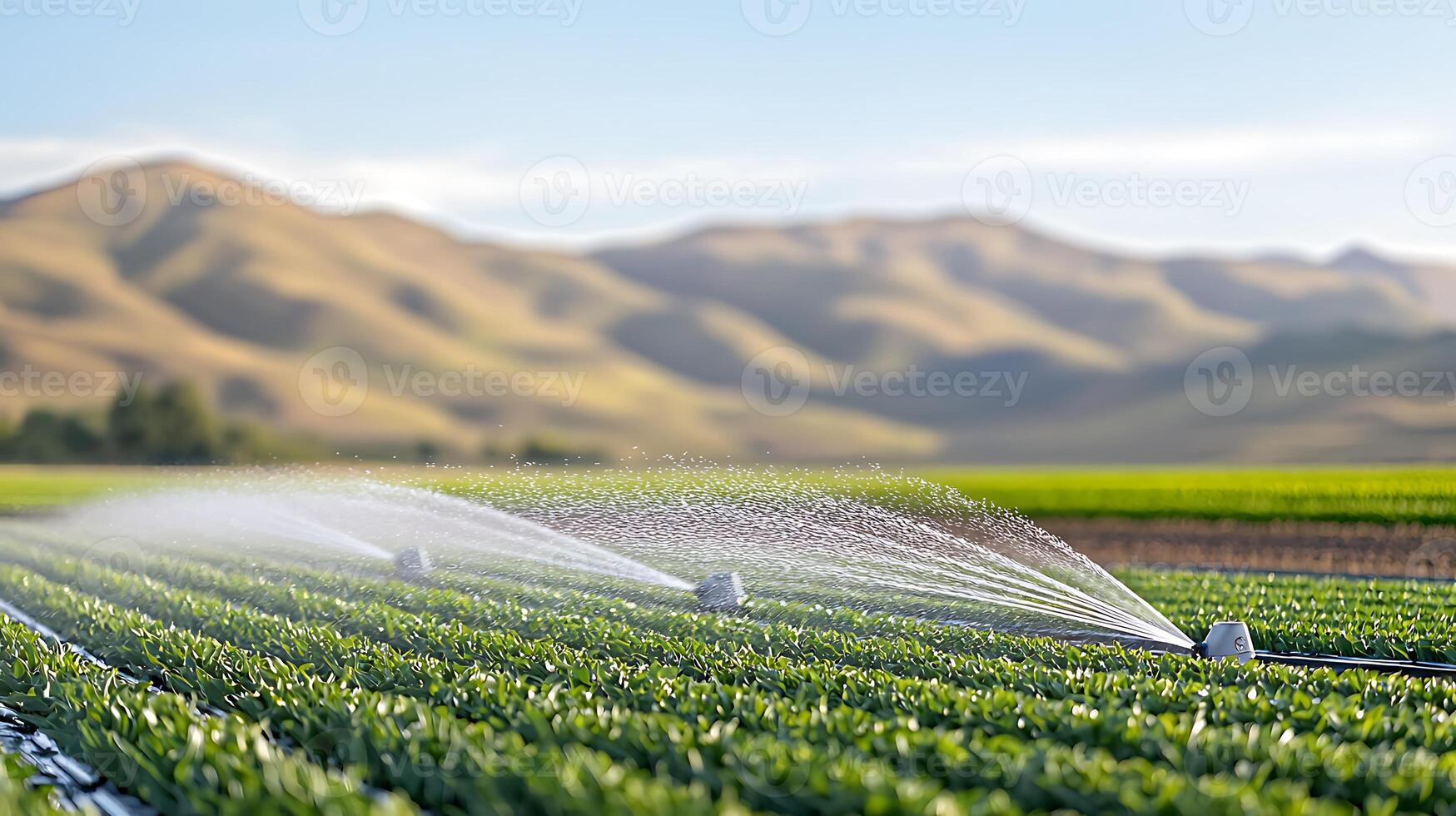 Lush green fields with irrigation system in a rural landscape under a clear blue sky photo