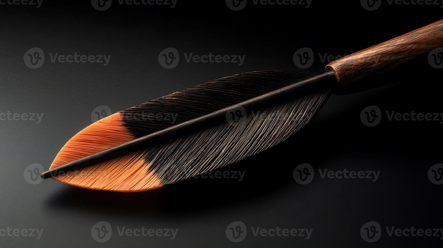 Close-up of a beautifully crafted feather, showcasing intricate details and textures against a dark background photo