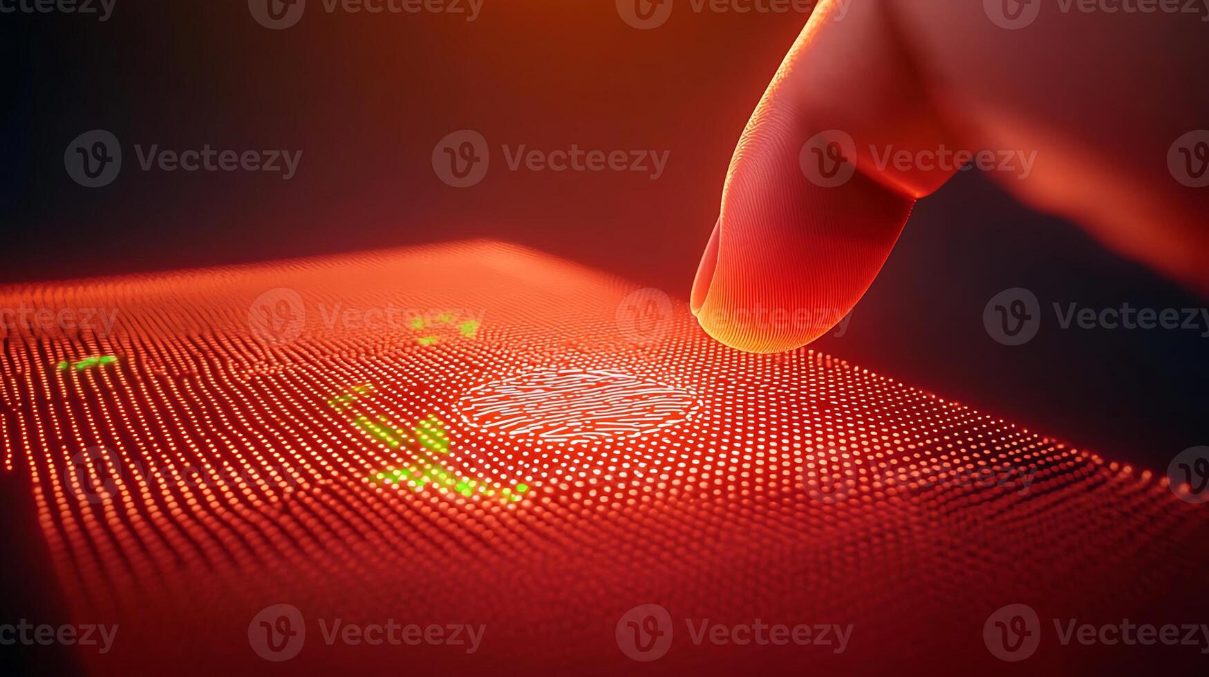 Close-up of a finger touching a glowing, textured surface with vibrant colors and intricate patterns photo