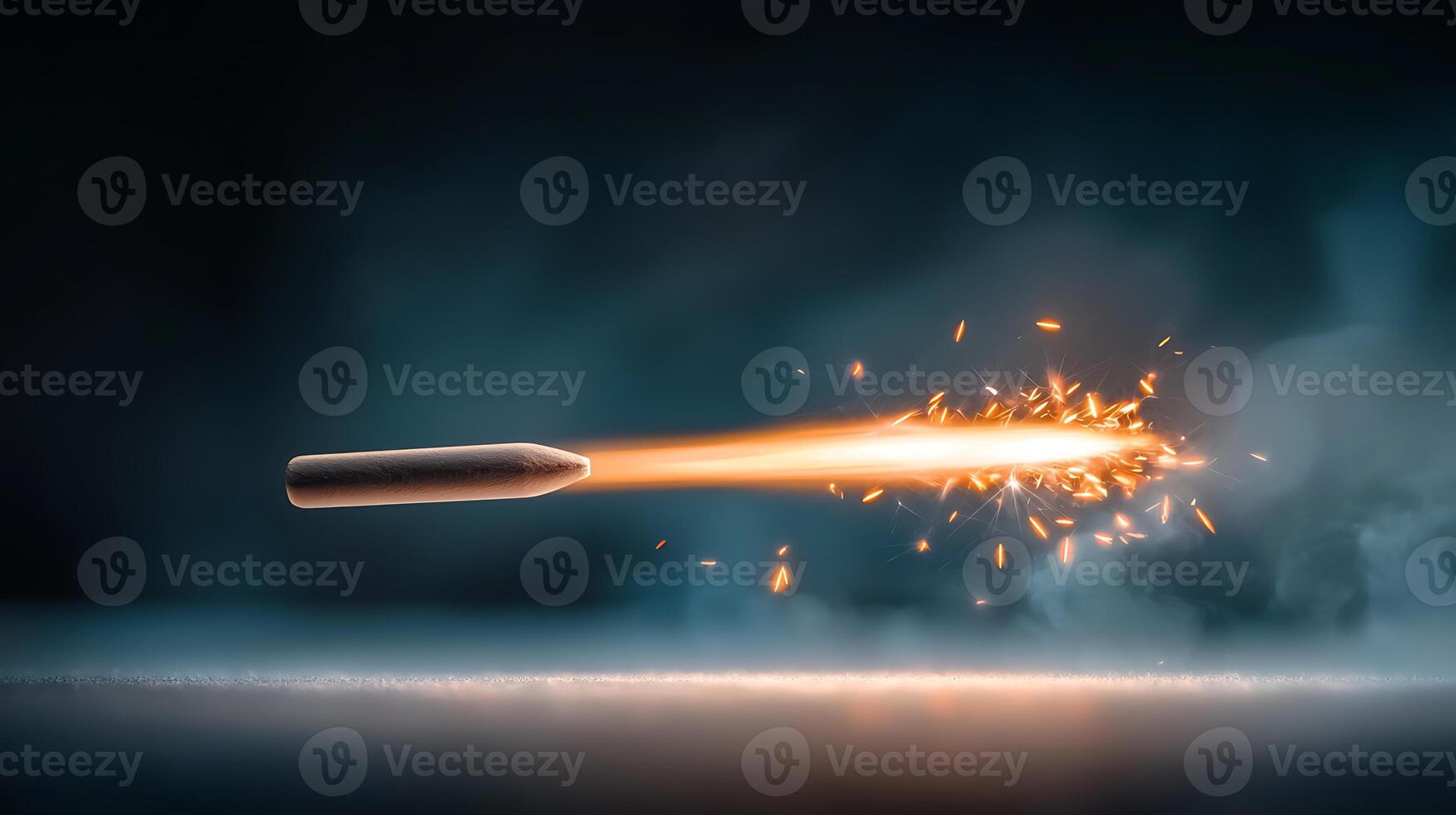 Bullet in motion with sparks and smoke, capturing the intensity of action in a dramatic setting photo