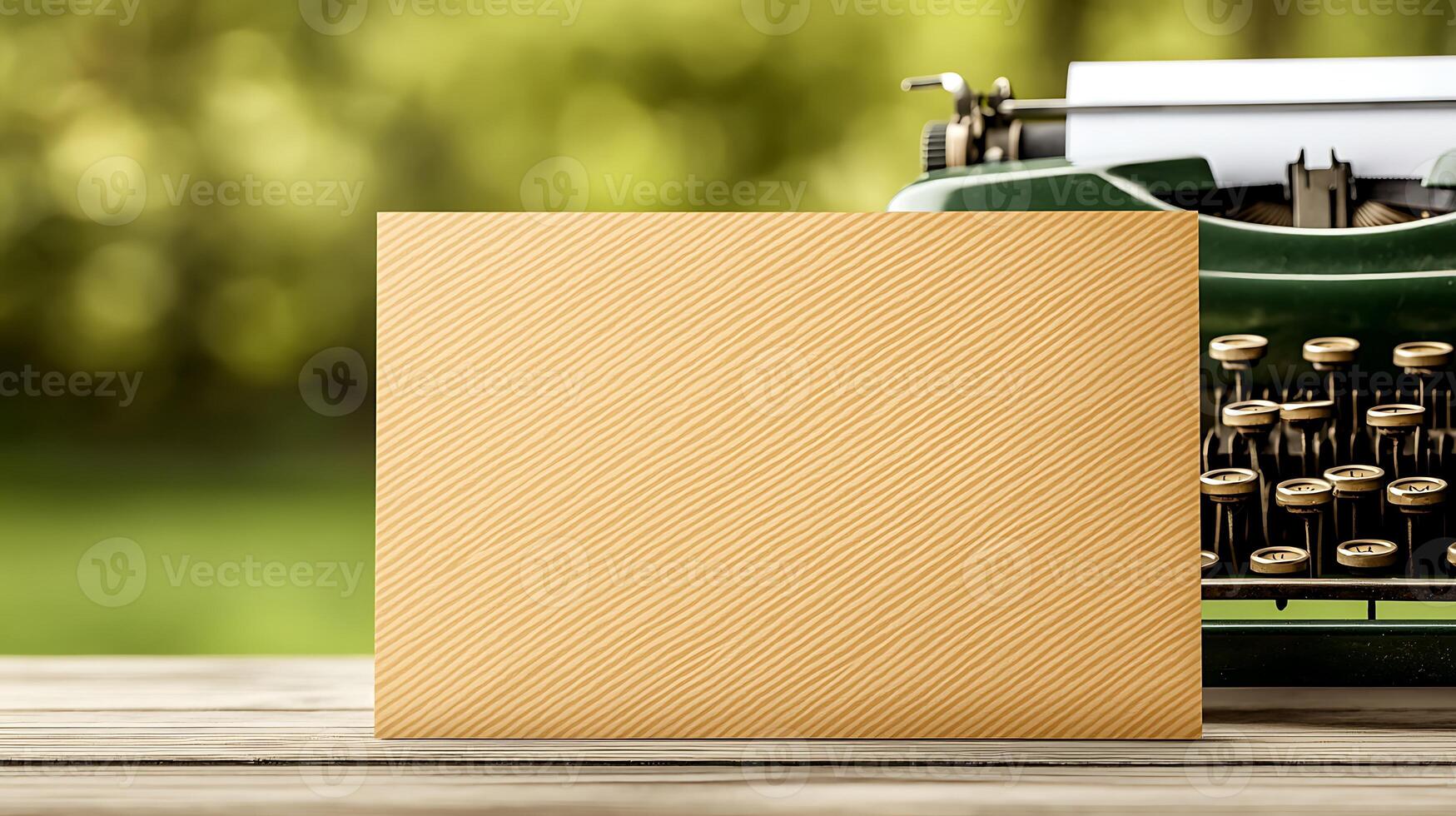 Blank textured card in front of a vintage typewriter on a wooden table with a blurred green background photo