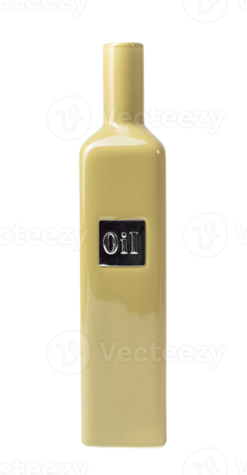 Studio shot of yellow ceramic oil bottle with silver label label saying - oil, isolated on transparent background, storage space and cooking essentials, png