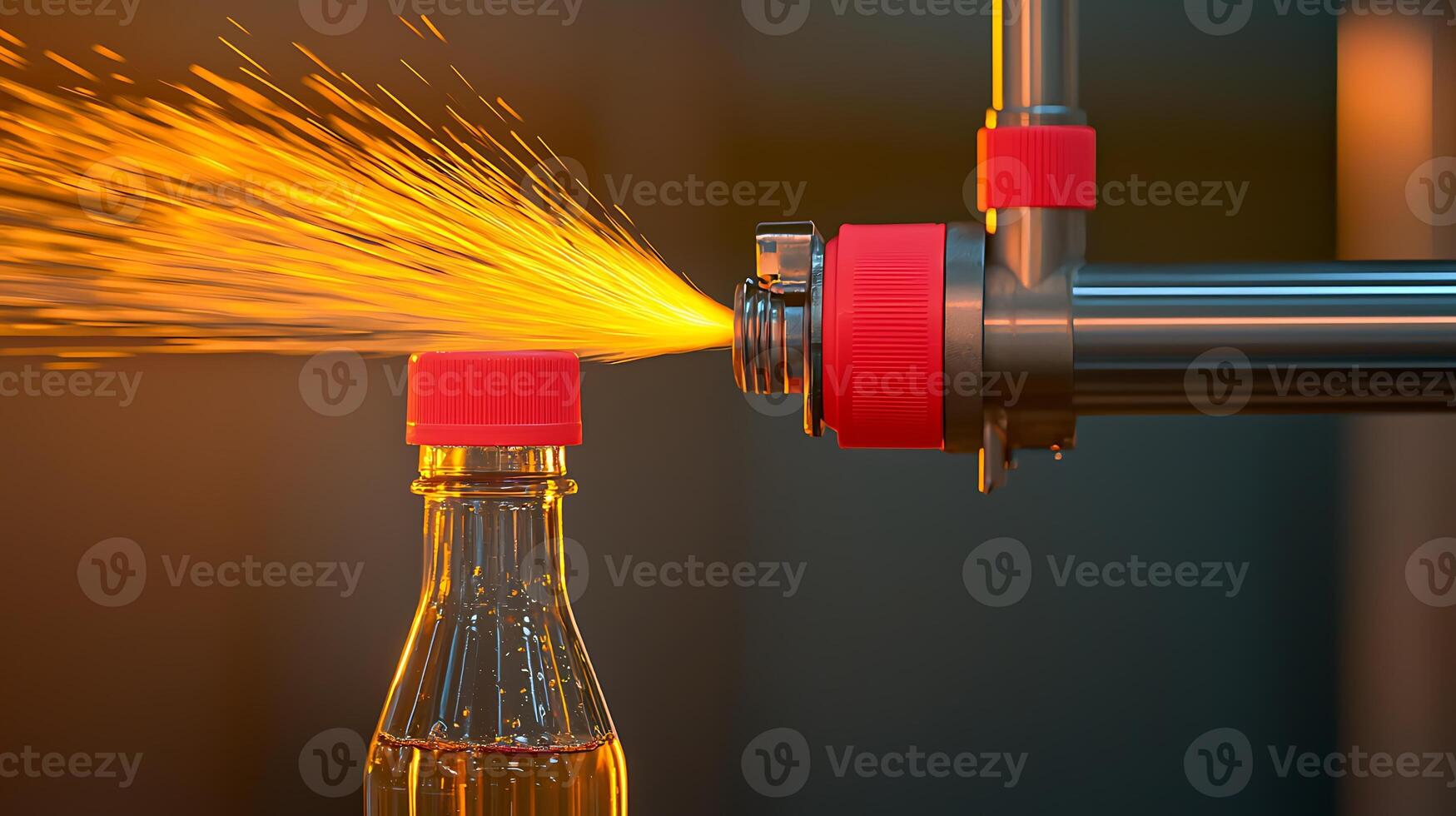 Close-up of a bottle being filled with liquid, showcasing a dynamic spray effect in a factory setting photo