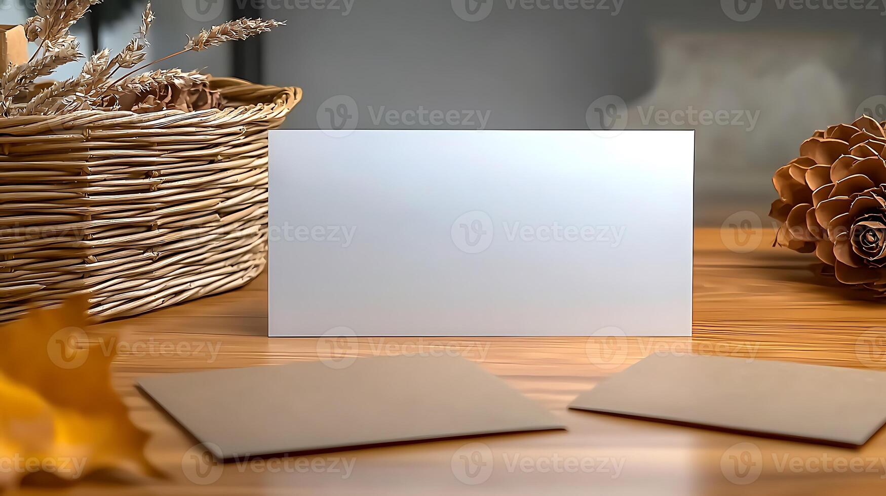 Blank card displayed on a wooden table surrounded by autumn leaves and decorative elements photo