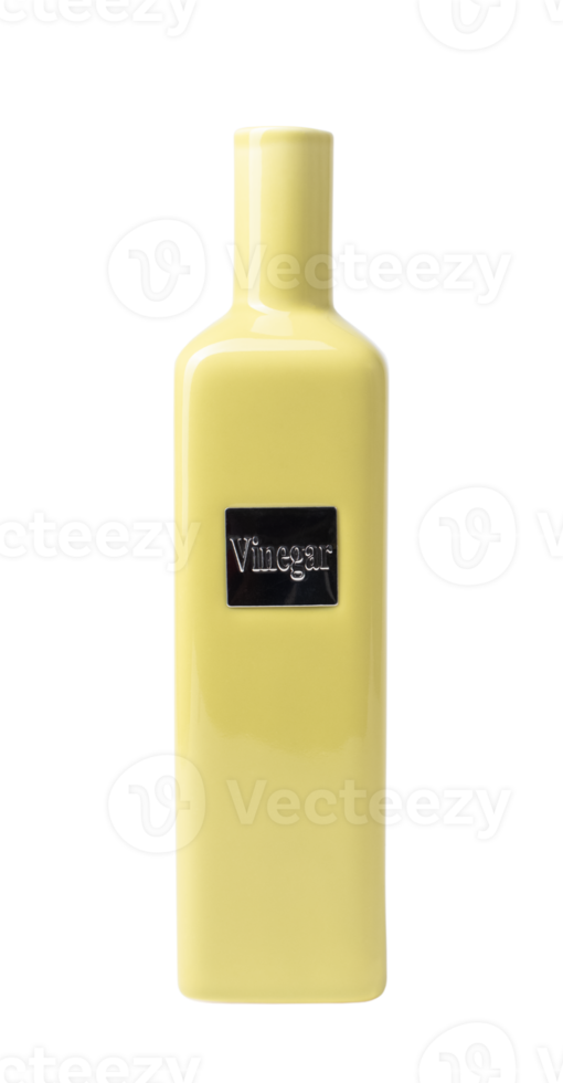 Light yellow ceramic vinegar bottle with silver label indicating its contents isolated on transparent background for kitchen decorative organization and ingredient storage, png