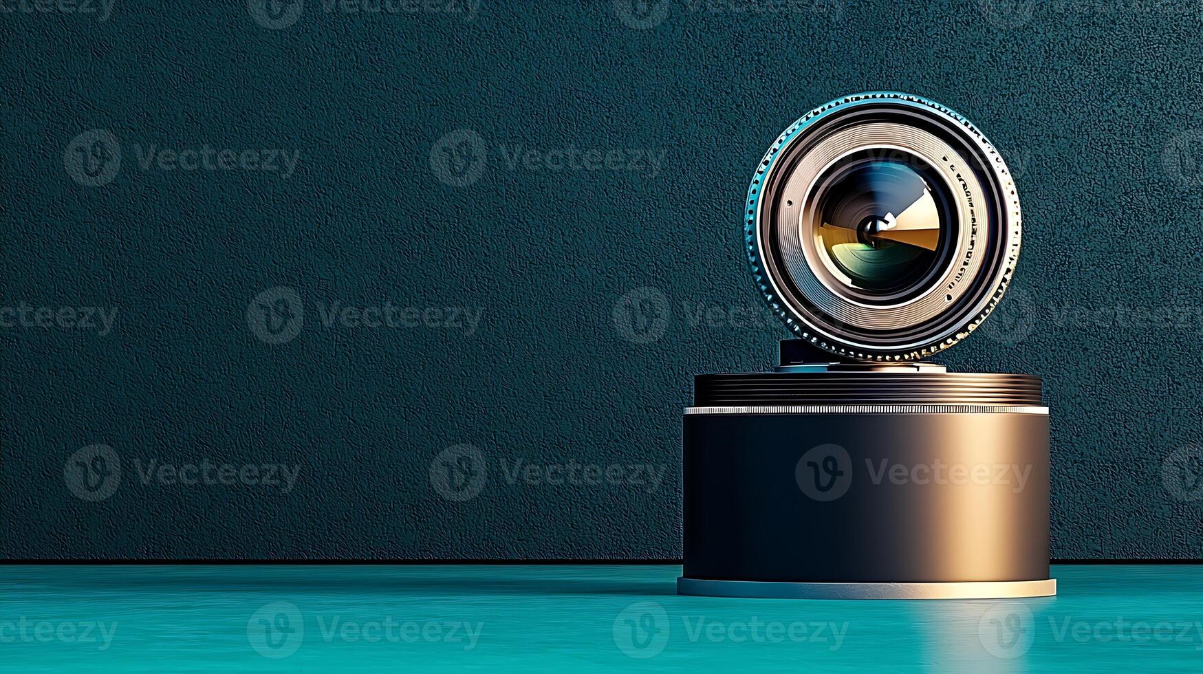 Artistic close-up of a vintage camera lens on a sleek pedestal against a textured backdrop photo
