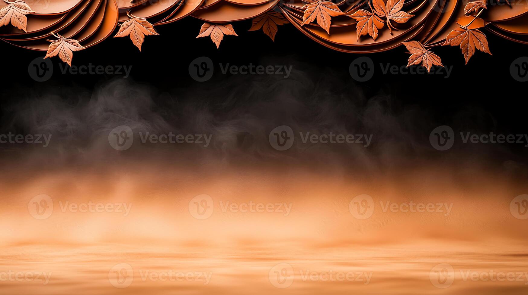 Autumn-themed background with swirling mist and decorative leaves creating a warm atmosphere photo