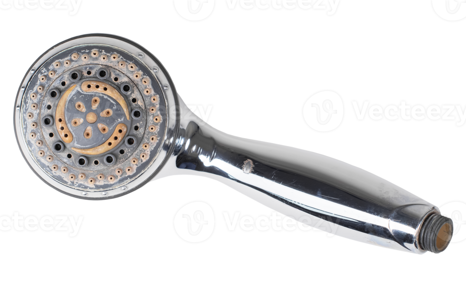 old chrome shower head with significant accumulation of limescale and rust as a result of untimely cleaning and high salt content in the water,concept of hygiene,isolated on transparent background, png