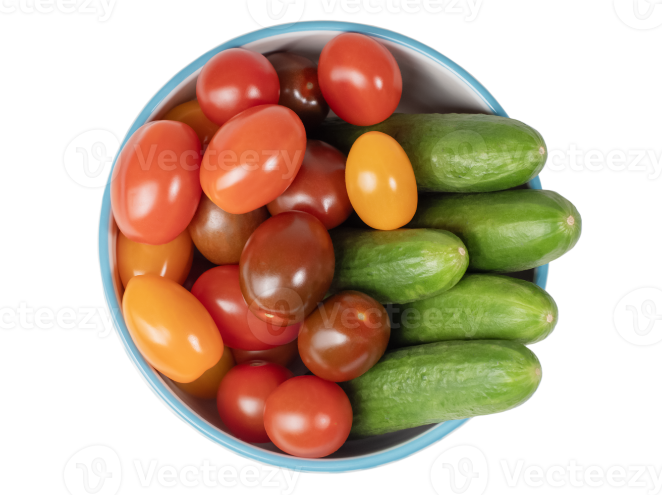 Small colorful cherry tomatoes and fresh green cucumbers overflowing in bowl with blue border, top view, abundant harvest concept, isolated on transparent background, png