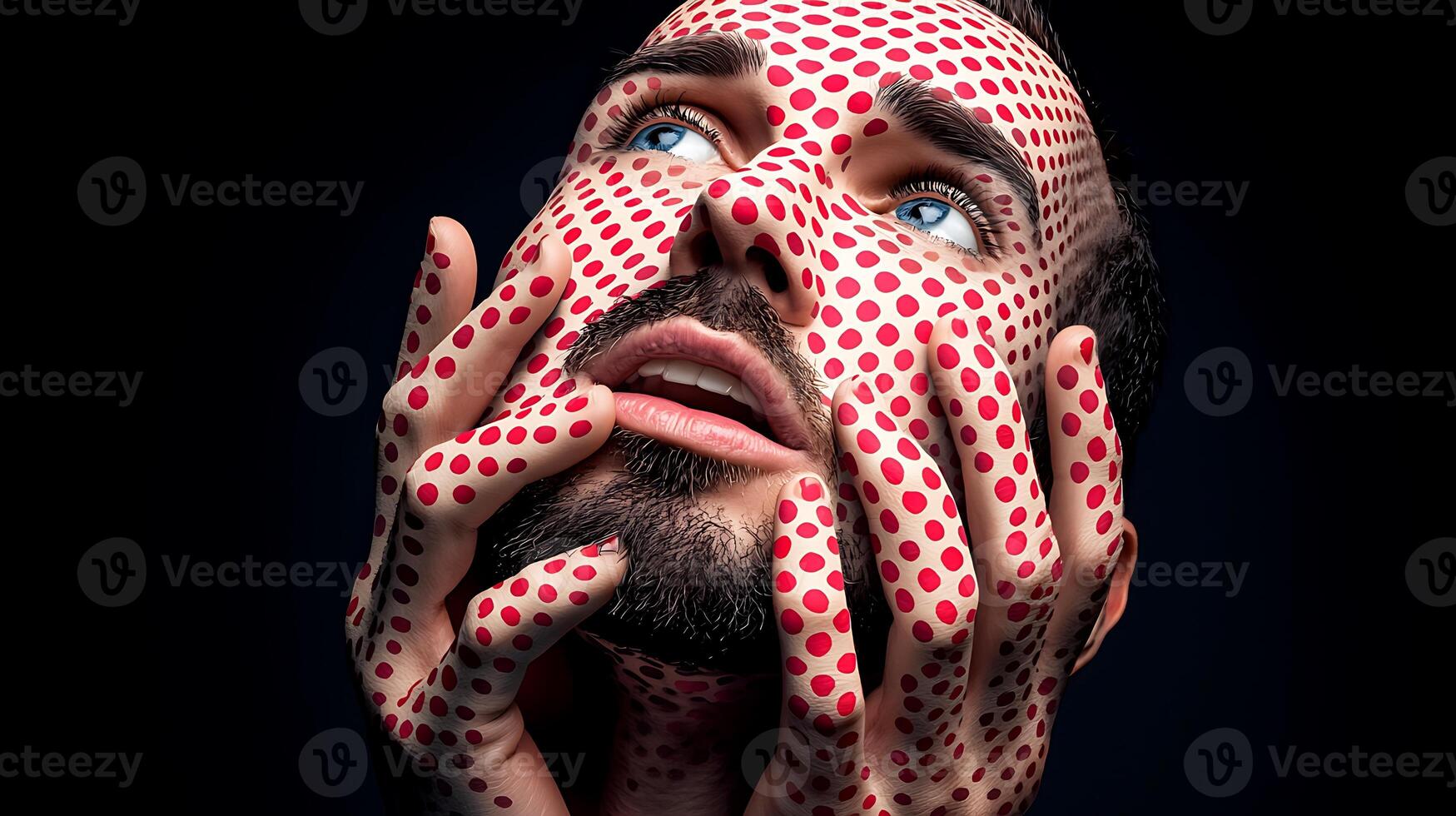 Artistic portrait of a man with dotted face paint, gazing upwards with dramatic lighting photo