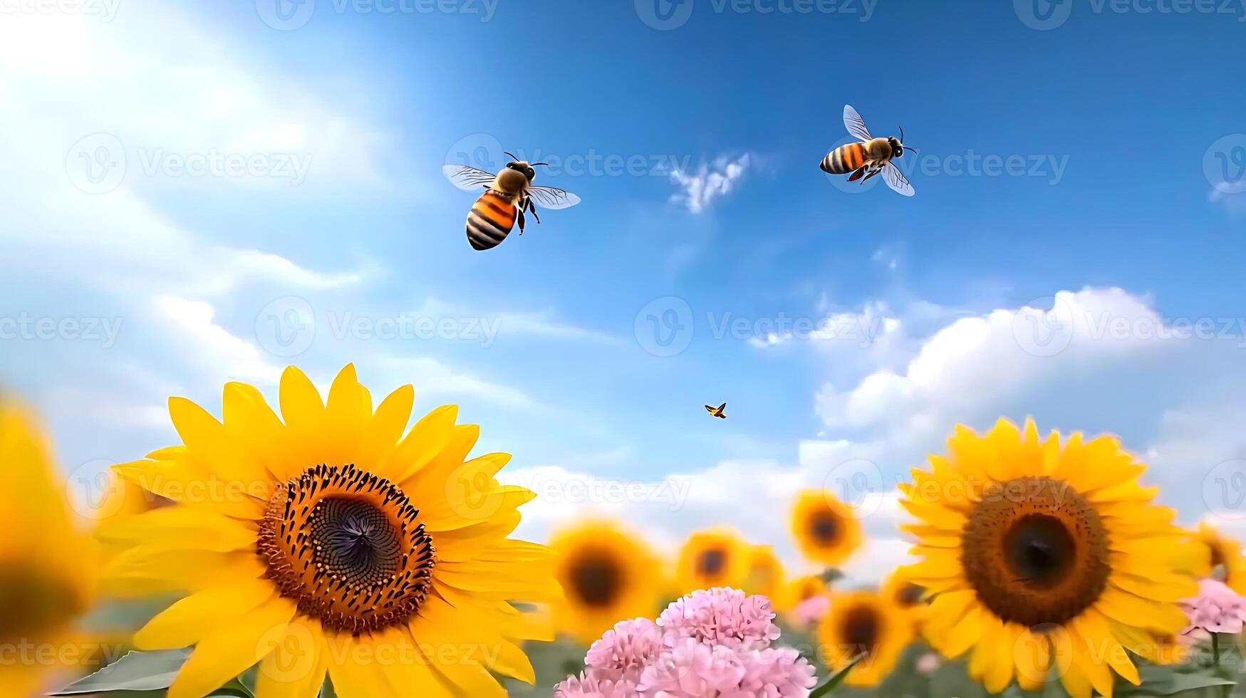 Bees pollinating vibrant sunflowers under a clear blue sky, creating a lively garden scene photo