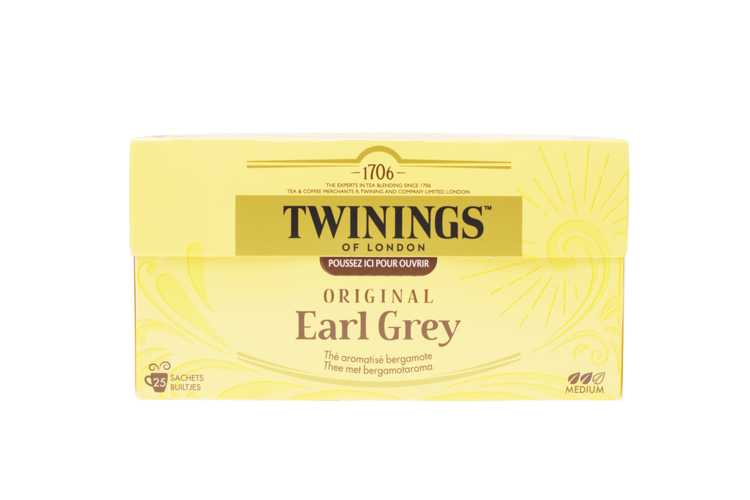 A yellow box of Twinings of London Original Earl Grey tea bags clearly showing the brand logo and information about the drink, isolated on a transparent background, Belgium, February 28, 2025, png