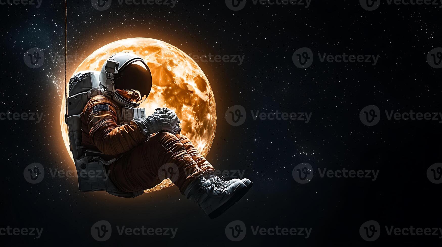 Astronaut floating in space, gazing at a large glowing moon, surrounded by stars photo