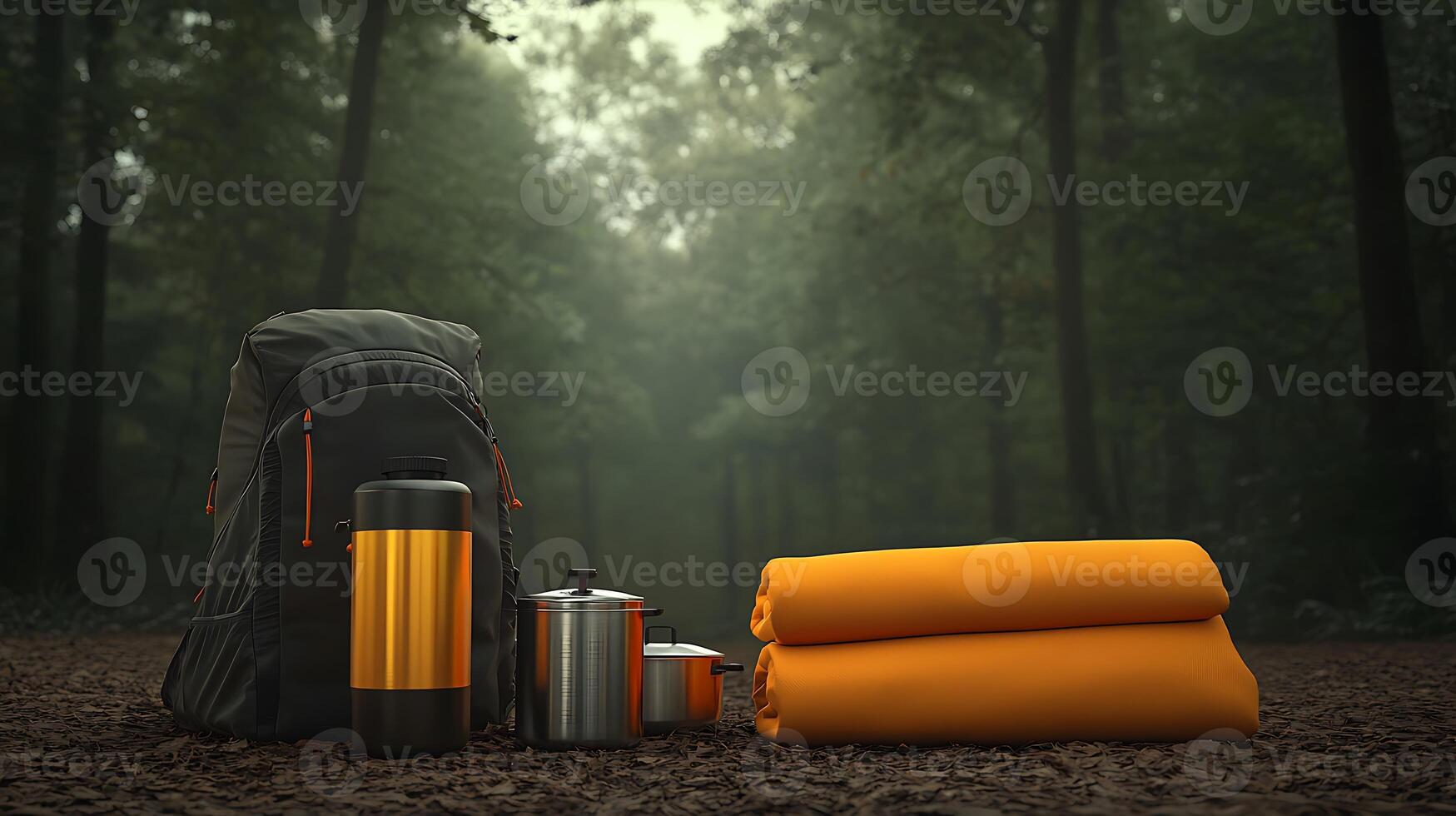 Camping gear arranged neatly in a serene forest setting, showcasing vibrant colors and tranquility photo