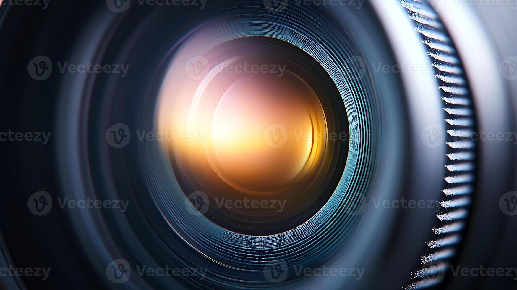 Close-up of a camera lens reflecting light, showcasing intricate details and textures photo