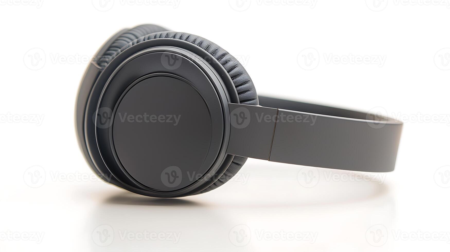 Sleek black headphones resting on a reflective surface with soft lighting, ideal for tech advertising photo