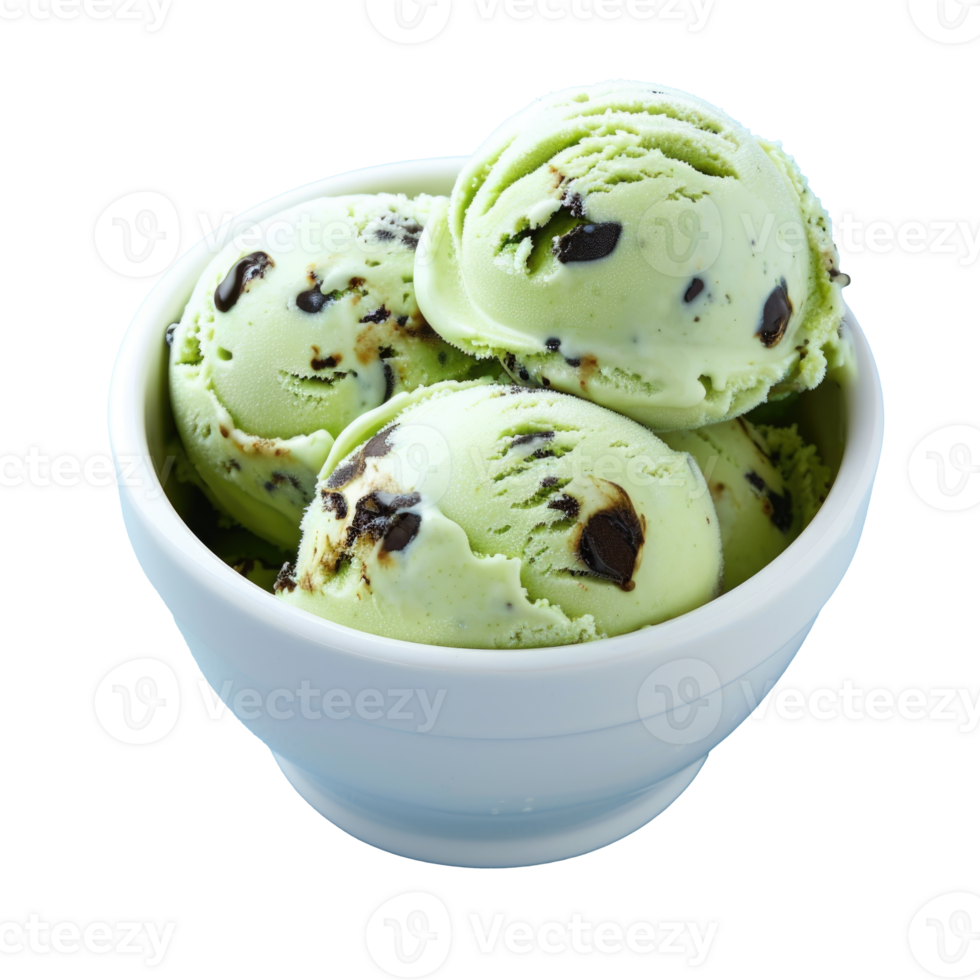 A bowl of green ice cream with chocolate chips png