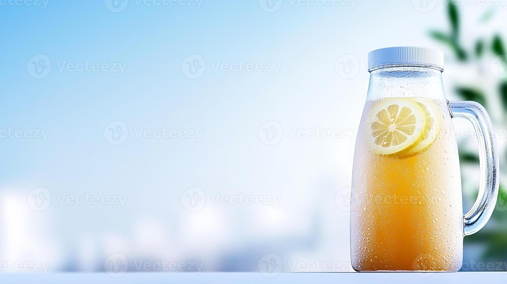 Refreshing pitcher of lemonade with lemon slices, set against a bright, blurred outdoor background photo