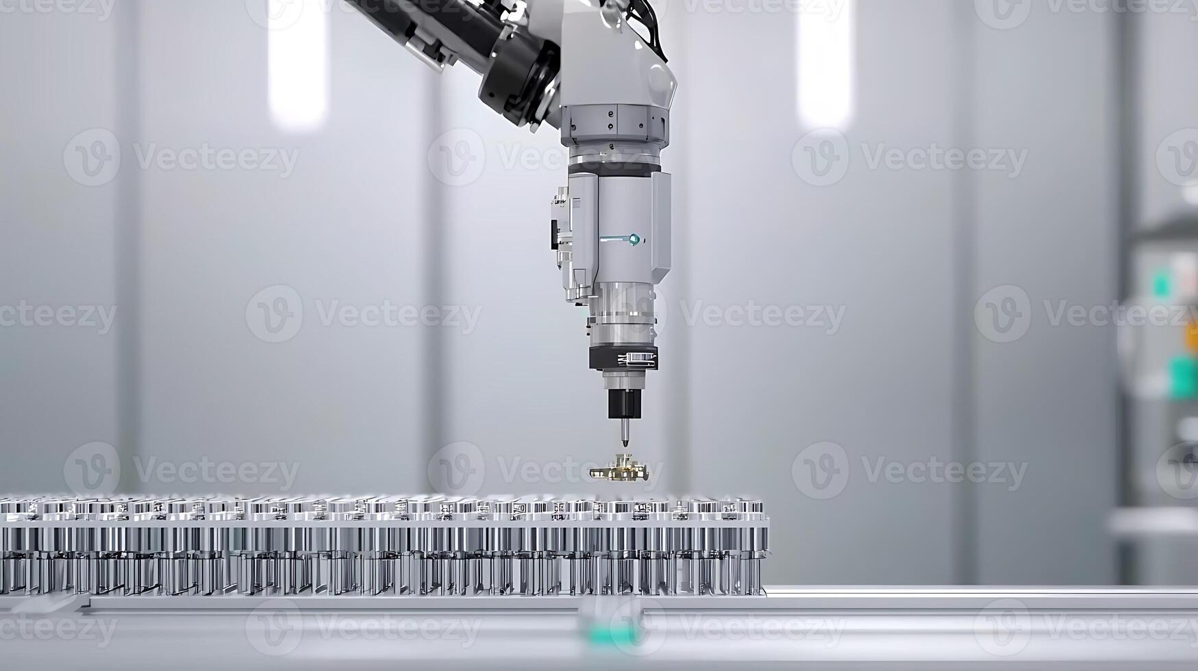 Robotic arm performing precision assembly in a modern manufacturing facility with tools photo